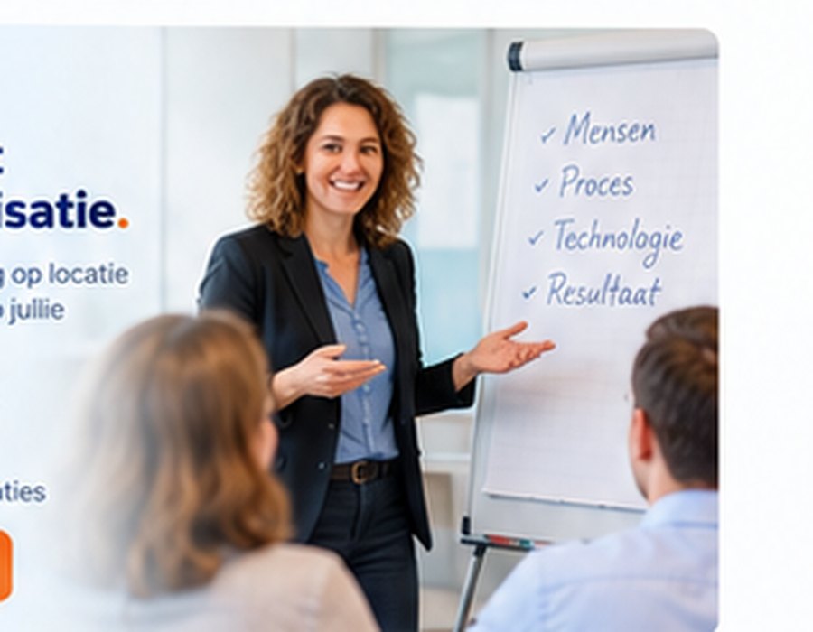 Trainer begeleidt medewerkers bij een zakelijke workshop